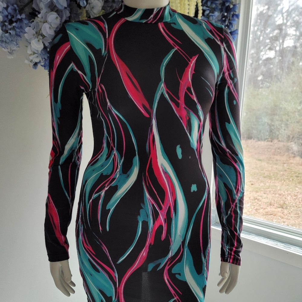 Women Mini Dress,Black Psychedelic Lines, Size M